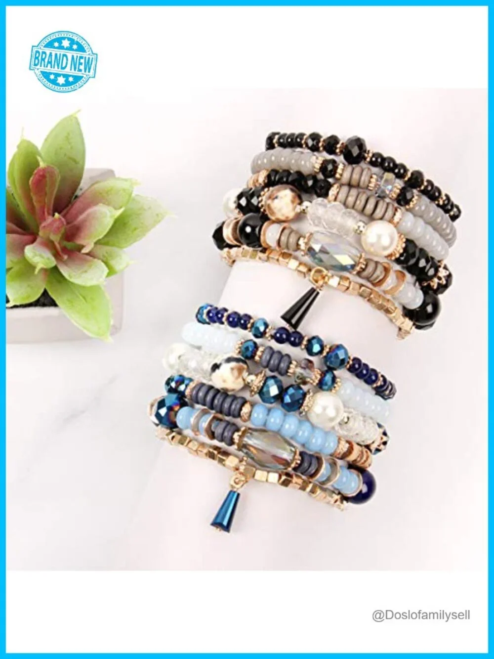 Stackable Beaded Stretch Bracelets - Crystal Mix Tassel Charm Multi Layer